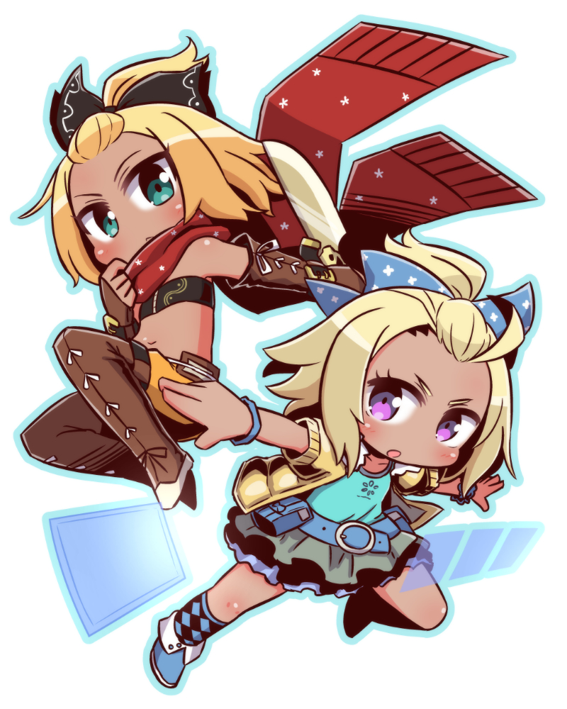 2girls 7th_dragon_(series) 7th_dragon_iii :o argyle_clothes argyle_legwear bandeau bangs_pinned_back belt belt_buckle black_bandeau black_bow blonde_hair blue_belt blue_bow blue_footwear blue_shirt blush boots bow brown_footwear brown_gloves brown_legwear buckle car character_request chibi closed_mouth collarbone commentary_request dark-skinned_female dark_skin duelist_(7th_dragon) elbow_gloves fingerless_gloves forehead fringe_trim gloves green_eyes green_skirt hair_bow hand_up hatch_(7th_dragon) jacket kneehighs leather leather_gloves long_hair looking_at_viewer motor_vehicle multiple_girls naga_u navel open_clothes open_jacket orange_shorts outstretched_arm parted_lips purple_eyes red_scarf rogue_(7th_dragon) scarf shirt short_shorts short_sleeves shorts sidelocks simple_background skirt socks thigh_boots thighhighs transparent v-shaped_eyebrows white_background yellow_jacket