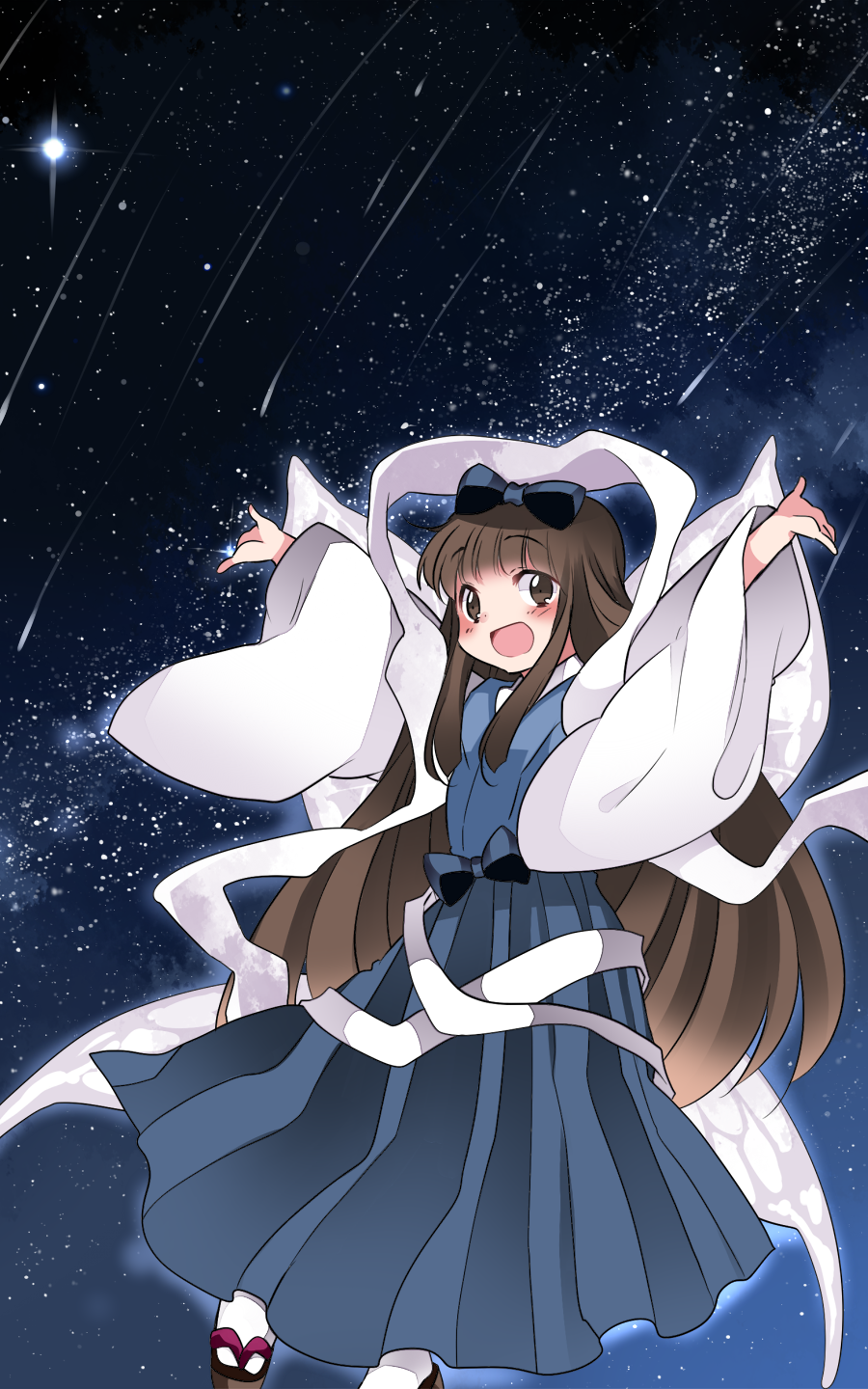 1girl alternate_costume arms_behind_back blush brown_eyes brown_hair cosplay female_focus gradient_background hair_ribbon hammer_(sunset_beach) highres long_hair looking_at_viewer open_mouth orihime_(cosplay) orihime_(tanabata) outstretched_arms ribbon sandals shooting_star sidelocks skirt sky smile solo star_(sky) star_sapphire starry_sky tanabata touhou wide_sleeves