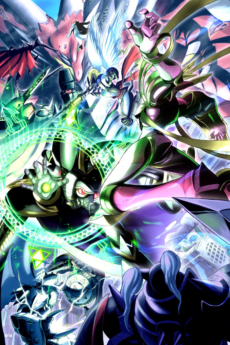 alphamon armor cape craniummon digimon digimon_(creature) dragon duftmon dukemon dynasmon examon full_armor gankoomon highres jesmon lordknightmon omegamon shield twintails