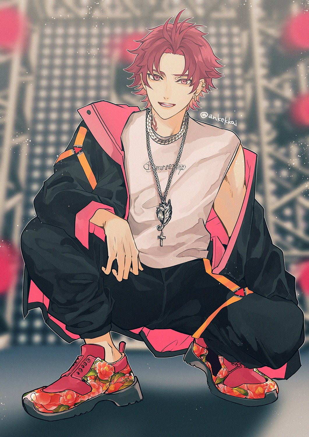 1boy ankekkai bae_(paradox_live) black_jacket black_pants blurry blurry_background chain chain_necklace earrings full_body highres jacket jacket_partially_removed jewelry long_sleeves looking_at_viewer male_focus necklace off_shoulder open_clothes open_jacket open_mouth pants paradox_live parted_bangs phantometal_(paradox_live) red_eyes red_hair red_shoes shirt shoes short_hair sleeveless sleeveless_shirt smile sneakers solo squatting sugasano_allen tank_top teeth twitter_username white_shirt white_tank_top