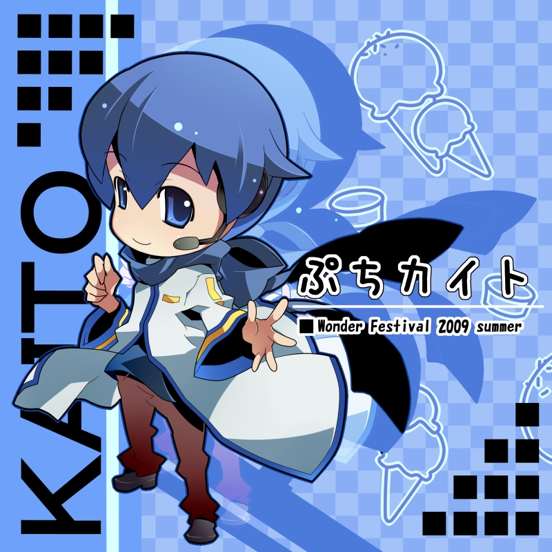 1boy blue_eyes blue_hair blue_scarf chibi headset kaito_(vocaloid) male_focus matching_hair/eyes nyuusankin scarf short_hair smile solo vocaloid