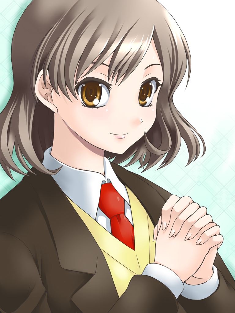 1girl brown_eyes brown_hair female_focus necktie own_hands_clasped own_hands_together sasaki sasaki_(suzumiya_haruhi) school_uniform short_hair solo suzumiya_haruhi_no_yuuutsu yaso_shigeru