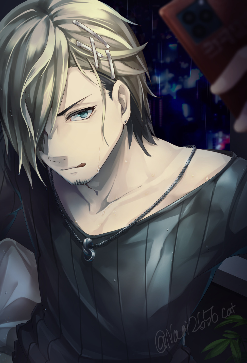 1boy aladdin_(sinoalice) beard blonde_hair blue_eyes brown_hair earrings facial_hair hair_ornament hairclip highres holding holding_phone jewelry looking_at_viewer male_focus multicolored_hair nagi_(nightmare-cat) necklace night night_sky outdoors phone plant rain reality_arc_(sinoalice) ring short_hair signature sinoalice sky smile solo tongue tongue_out two-tone_hair wet