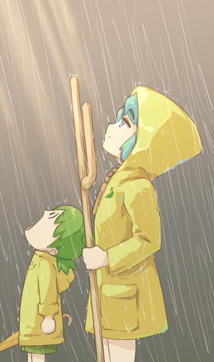 2girls blue_eyes blue_hair cane from_side goku_and_vegeta_in_the_rain_(meme) green_eyes green_hair green_shorts highres holding holding_cane hood hood_up jubilee_2025 koiwai_yotsuba luce_(jubilee_2025) multiple_girls open_mouth rain raincoat rosary shorts tyrone yellow_raincoat yotsubato!