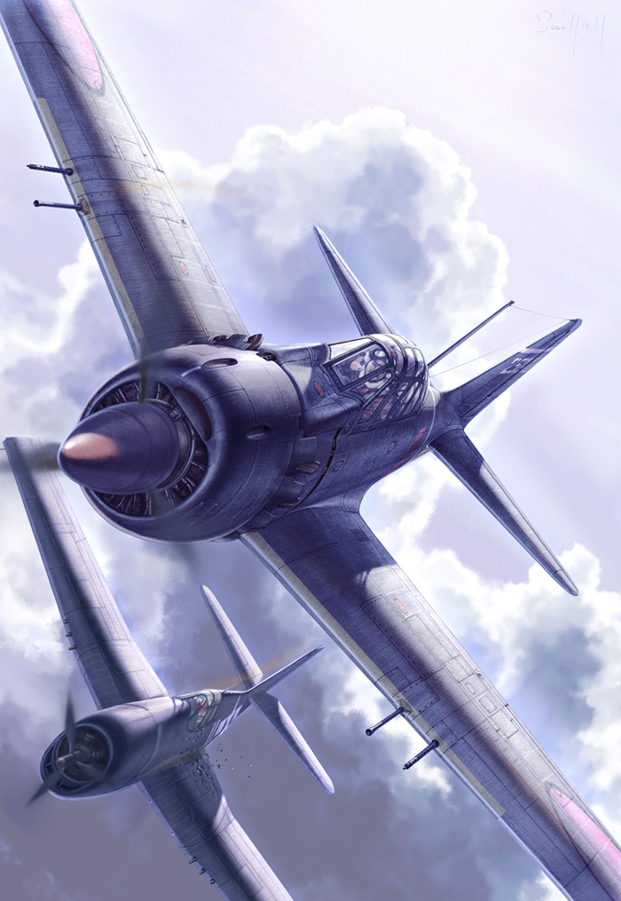 2boys a6m_zero aircraft airplane battle blood cloud damaged flying grumman_f6f male_focus military military_vehicle multiple_boys outdoors pilot propeller_fighter same_(carcharodon) signature sky vehicle_focus world_war_ii