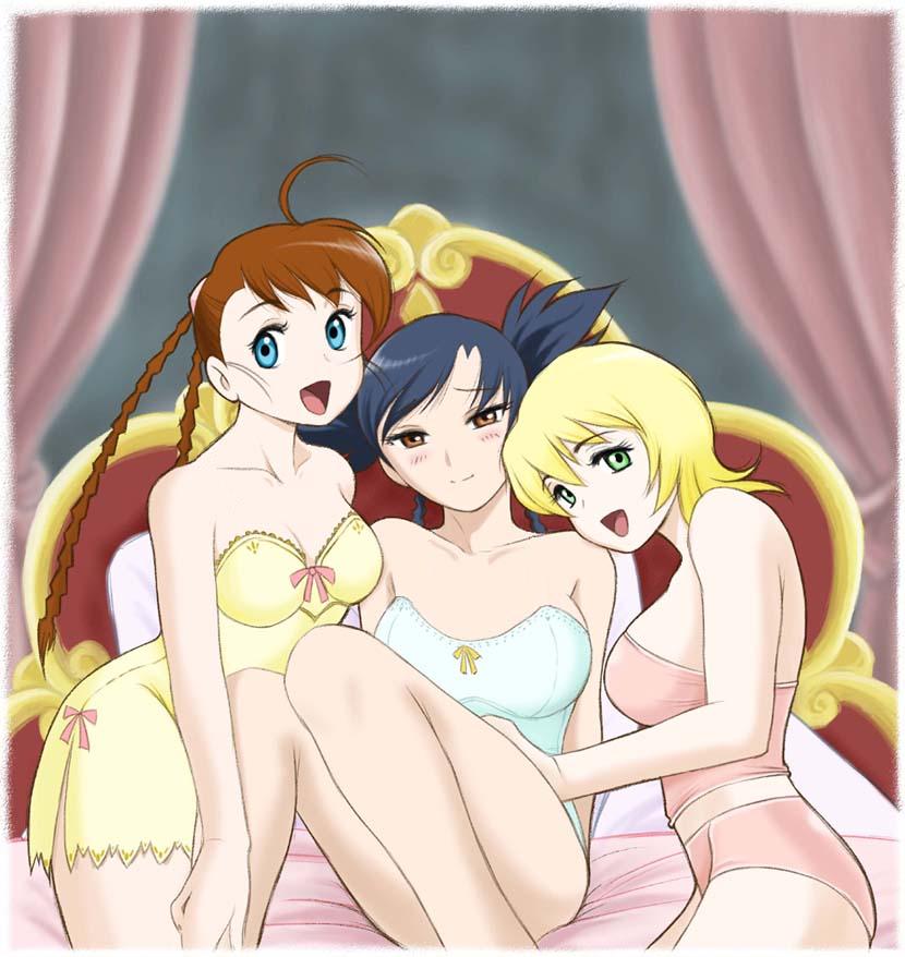 00s 3girls arika_yumemiya bed blush erstin_ho friends lingerie multiple_girls my-hime my-otome nina_wang strapless sunrise_(company) underwear yuri