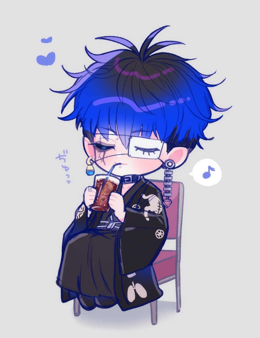 1boy ahoge black_hair blue_hair bridge_piercing chair closed_eyes collar earrings eyepatch face_piercing full_body hair_between_eyes heart highres japanese_clothes japanese_text jewelry lip_piercing male_focus messy_hair multicolored_hair omokage_yugamu on_chair one_eye_covered piercing sitting solo solo_focus the_hundred_line_-last_defense_academy- translation_request