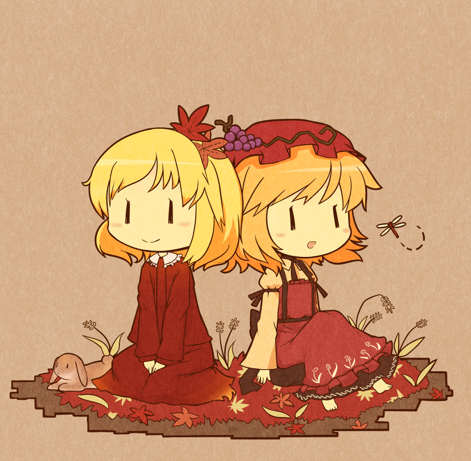 2girls aki_minoriko aki_shizuha akihiyo autumn_leaves back-to-back blonde_hair brown_background bug chibi dragonfly food fruit grapes hair_ornament hat insect leaf multiple_girls open_mouth rabbit siblings simple_background sisters sitting touhou |_|