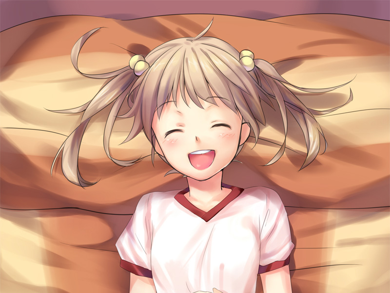 1girl artist_request blonde_hair blush closed_eyes game_cg hair_bobbles hair_ornament ibarazaki_emi katawa_shoujo medium_hair non-web_source official_art open_mouth shirt short_sleeves smile solo teeth twintails upper_teeth_only variant_set white_shirt