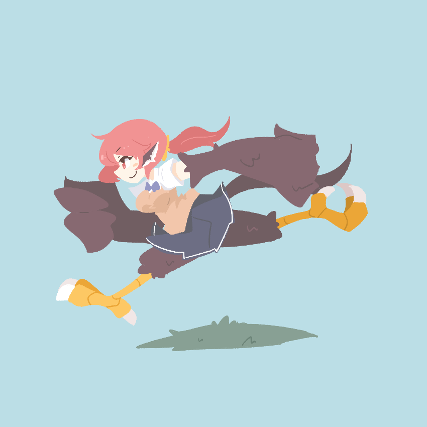 1girl animal_ears big_o_pants bird_ears bird_legs black_feathers black_skirt black_wings blue_background blush_stickers brown_vest commentary_request feather_fingers feathers fio-chan_(big_o_pants) harpy long_hair monster_girl original ponytail red_eyes red_hair running skirt smile solo talons vest winged_arms wings