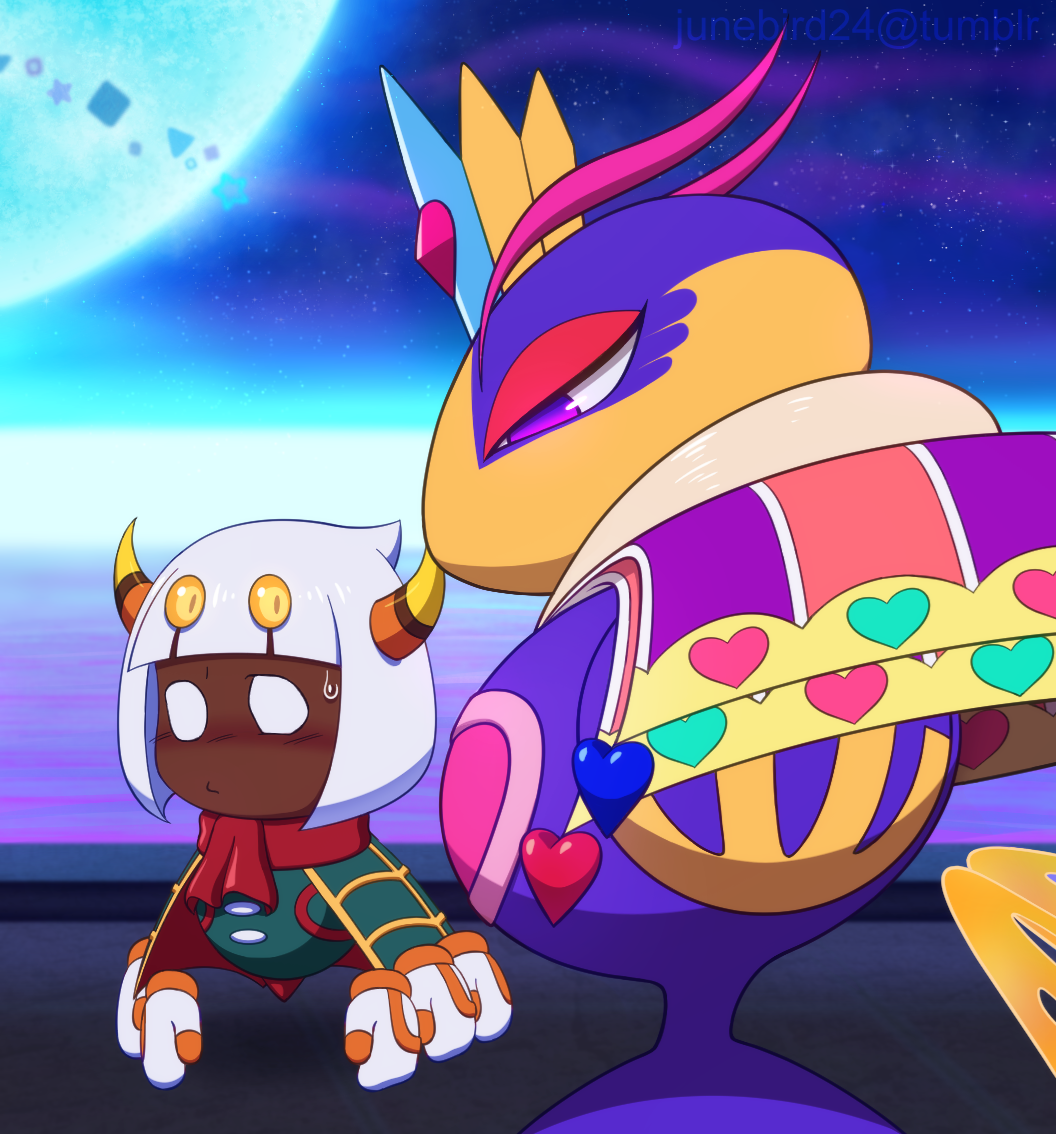 1boy 1girl antennae blush cape girl_staring_at_guy&#039;s_chest_(meme) gloves green_cape heart horns junebird24 kirby:_triple_deluxe kirby_(series) meme moon night night_sky nintendo purple_eyes queen_sectonia rayman_limbs red_scarf scarf sky star_(sky) star_(symbol) taranza white_gloves white_hair