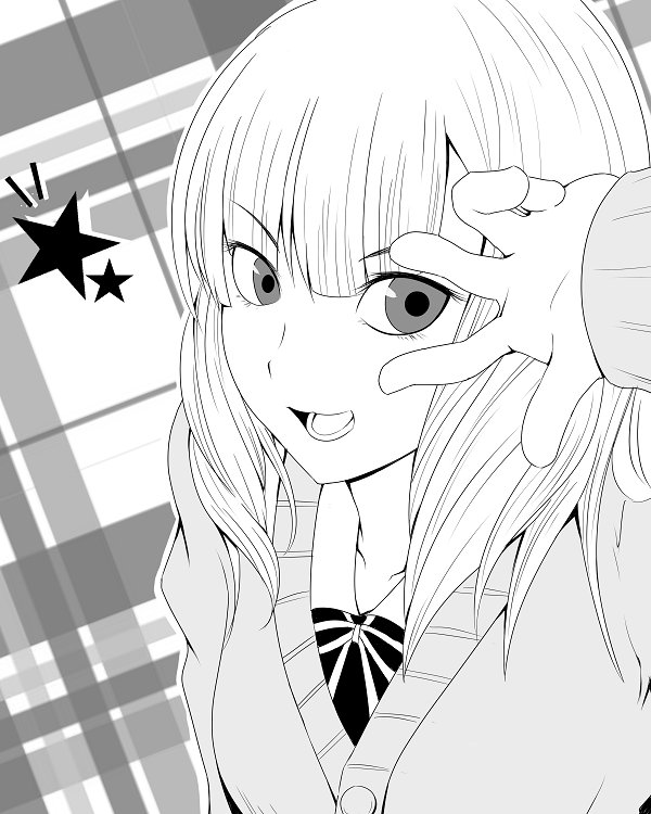 cardigan geometric_pattern kaguya-sama_wa_kokurasetai_~tensai-tachi_no_renai_zunousen~ looking_at_viewer monochrome onodera_rei school_uniform shuujin_academy_school_uniform upper_body v yakuoyoso