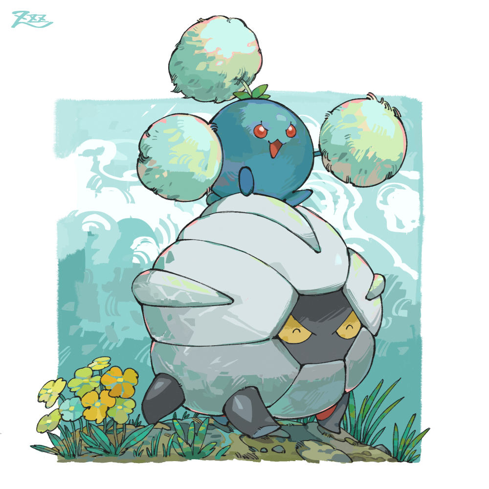 :d ^_^ border closed_eyes commentary_request flower gen_2_pokemon gen_3_pokemon jumpluff nintendo no_humans open_mouth oyasuminjyutsu pokemon pokemon_(creature) red_eyes riding riding_pokemon shelgon signature smile white_border yellow_flower