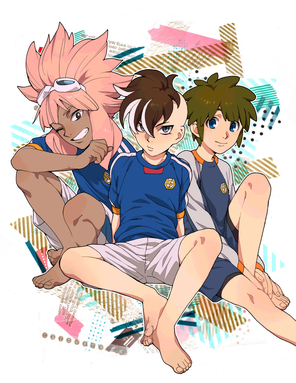 3boys bad_id bad_pixiv_id barefoot blue_eyes brown_eyes brown_hair fudou_akio full_body goggles goggles_on_head highres inazuma_eleven inazuma_eleven_(series) inazuma_japan lightning_bolt_symbol long_hair male_focus mohawk mosako multiple_boys pink_hair short_hair smile soccer_uniform sportswear tachimukai_yuuki tsunami_jousuke