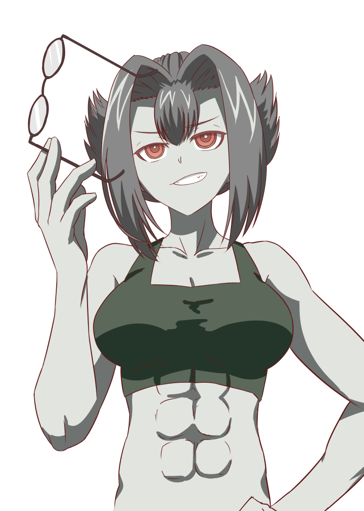1girl abs bikini colored_skin unworn_eyewear glasses grey_hair grey_skin holding holding_removed_eyewear kageyasu newt_(xenoblade) red_eyes simple_background solo swimsuit white_background xenoblade_chronicles_(series) xenoblade_chronicles_2