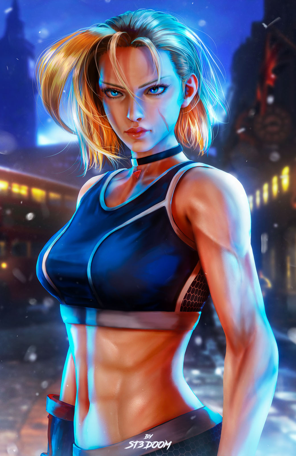 1girl abs bare_shoulders blonde_hair blue_eyes breasts cammy_white crop_top highres large_breasts lips long_hair pants scar scar_on_face short_hair sleeveless st3doom street_fighter street_fighter_6