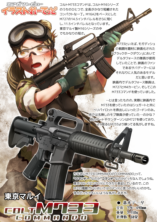 1girl airsoft_review_illustrated ar-15 armalite assault_rifle blonde_hair brown_eyes carbine colt&#039;s_manufacturing_company colt_commando colt_model_733_commando didloaded eye_protectors glasses goggles gun holding information_sheet japanese_text long_gun m16 m16a1 military military_uniform original rifle safety_glasses shirt short-barreled_rifle stock_(firearm) telescoping_stock text_focus translation_request weapon weapon_focus weapon_profile
