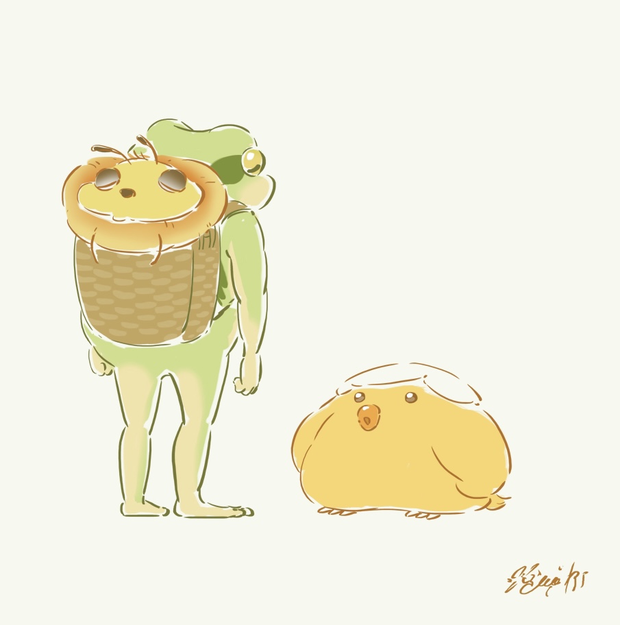animal animal_focus baby_animal backpack_basket basket bee bird bug chick eggshell_hat frog hachiya_shohei insect no_humans original signature simple_background white_background