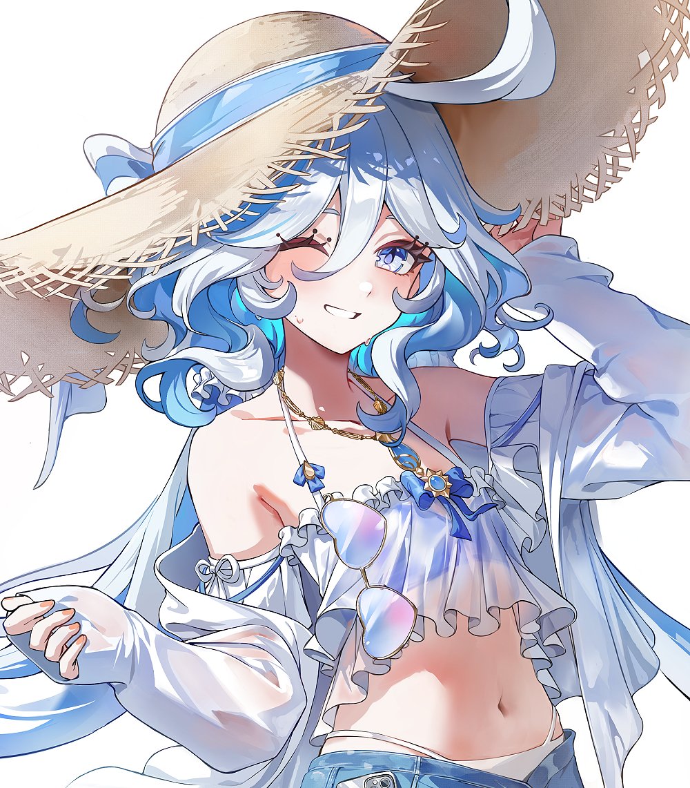 1girl alternate_costume bare_shoulders bikini blue_eyes blue_hair cropped dasha denim drop-shaped_pupils floating_hair furina_(genshin_impact) genshin_impact hair_between_eyes hat heart heart-shaped_eyewear long_hair long_sleeves multicolored_hair navel off_shoulder one_eye_closed simple_background smile solo stomach straw_hat sunglasses sweat swimsuit symbol-shaped_pupils unfinished white_background white_bikini white_hair
