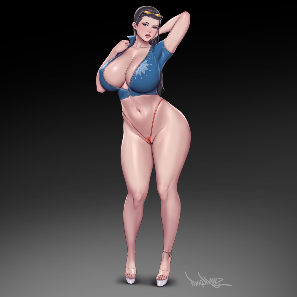 1girl artist_name black_hair blue_eyes breasts cleavage collarbone covered_erect_nipples cropped_jacket eyewear_on_head full_body gradient_background high_heels huge_breasts jacket long_hair navel nico_robin nico_robin_(return_to_sabaody) one_piece pinkdrawz short-sleeved_jacket short_sleeves sunglasses thong zipper zipper_pull_tab
