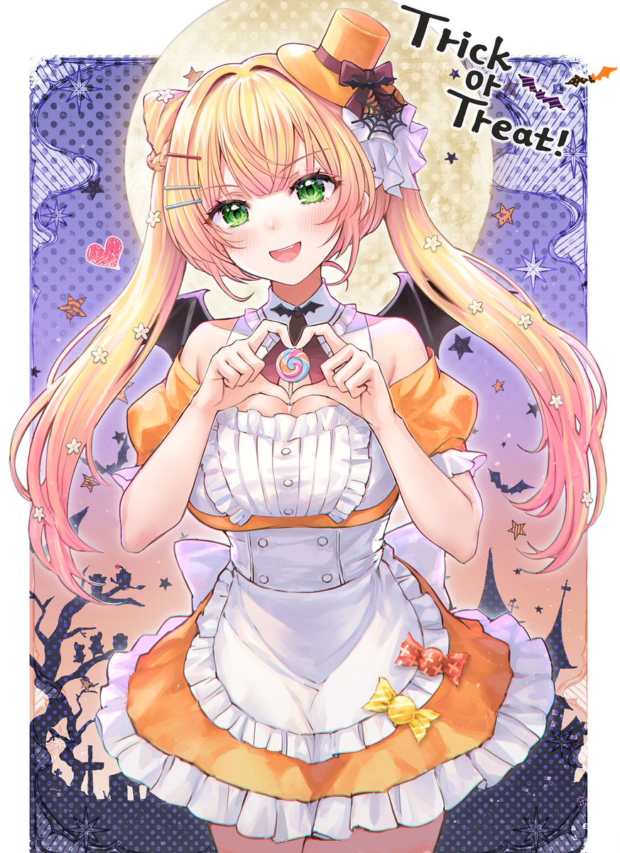 1girl alternate_costume bat_wings blush border bow breasts candy cleavage cleavage_cutout clothing_cutout commentary_request cone_hair_bun cowboy_shot dress dress_bow english_text flower food four-finger_heart_hands frilled_dress frills full_moon green_eyes hair_bun hair_flower hair_intakes hair_ornament hairclip halloween hat heart heart_hands highres hololive looking_at_viewer maid mini_hat mirukurim momosuzu_nene moon open_mouth orange_dress orange_hat outside_border shoulder_cutout smile teeth tilted_headwear top_hat trick_or_treat two-tone_dress two_side_up upper_teeth_only virtual_youtuber white_border white_bow white_dress wings