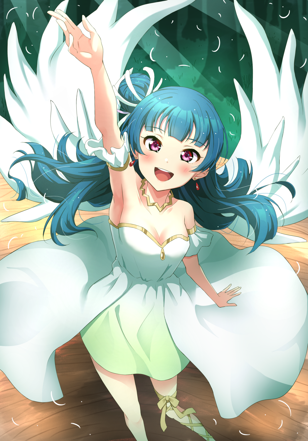 1girl arm_up armpits blue_hair breasts cleavage collarbone commentary dress earrings far_far_away_(love_live!) genjitsu_no_yohane hair_bun highres jewelry long_hair looking_at_viewer love_live! love_live!_sunshine!! purple_eyes qy73 single_side_bun small_breasts smile solo strapless strapless_dress tsushima_yoshiko wings yohane_(genjitsu_no_yohane)