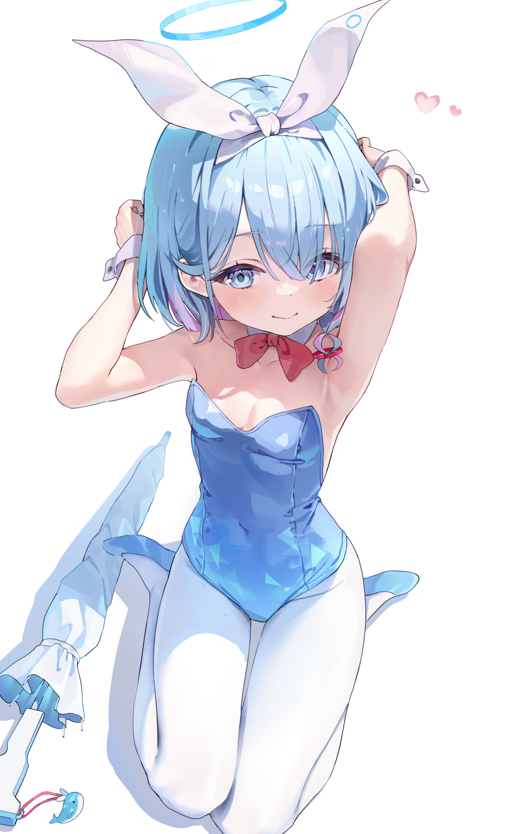 1girl alternate_costume armpits arms_behind_head arona_(blue_archive) blue_archive blue_eyes blue_hair blue_leotard blue_shoes blush bow bowtie closed_mouth detached_collar hair_over_one_eye hair_ribbon hairband halo highres huwari_(dnwls3010) kneeling leotard looking_at_viewer medium_hair pantyhose playboy_bunny red_bow red_bowtie ribbon shoes sidelocks smile solo umbrella white_hairband white_pantyhose white_ribbon white_umbrella wrist_cuffs