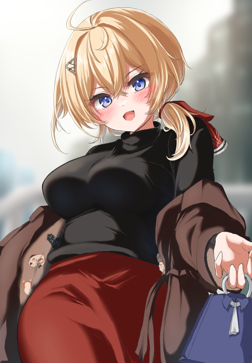 1girl ahoge black_sweater blonde_hair blue_eyes breasts brown_coat coat gift_bag hair_between_eyes hair_ornament hairclip highres kantai_collection kasashi_(kasasi008) large_breasts looking_at_viewer low_side_ponytail medium_hair open_clothes open_coat open_mouth solo sweater tuscaloosa_(kancolle) tuscaloosa_(valentine)_(kancolle) upper_body