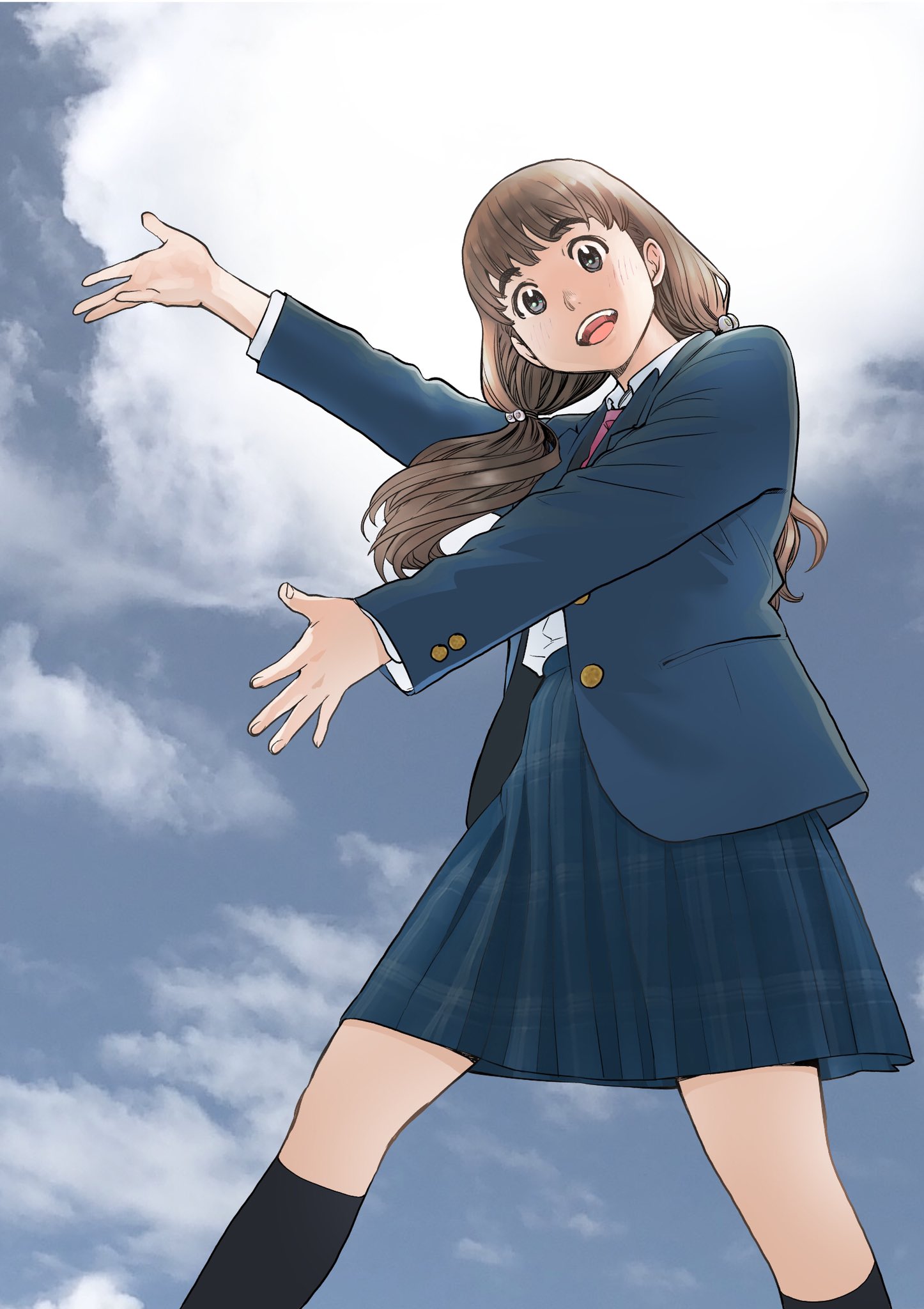 1girl black_socks blue_skirt brown_hair cloud cloudy_sky from_below highres kimi_wa_sukinosaurus kneehighs looking_at_viewer looking_down low_twintails official_art open_mouth outdoors outstretched_arms school_uniform sekiguchi_taro shiraishi_momiji skirt sky socks solo twintails
