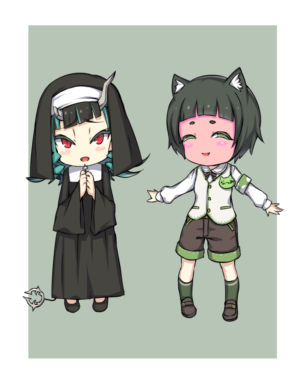 2girls nanashi_inc. alternate_costume animal_ear_fluff animal_ears animare black_dress black_footwear black_hair black_headwear black_ribbon black_shorts blue_hair blunt_bangs blush commentary_request cross cross_necklace demon_girl demon_horns demon_tail dog_ears dress fang full-face_blush full_body green_background green_eyes green_legwear habit hashiba_natsumi_(animare) highres horns jewelry long_hair looking_at_viewer multicolored_hair multiple_girls neck_ribbon necklace nun open_mouth own_hands_together red_eyes ribbon rose22 shishio_chris shoes short_hair shorts simple_background smile smug sugar_lyric tail thick_eyebrows two-tone_background two-tone_hair vest virtual_youtuber white_background white_vest wide_sleeves