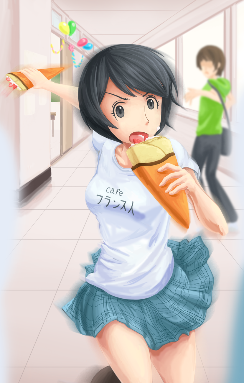 1girl black_eyes black_hair clothes_writing crepe eating food food_on_face highres hiwatari indoors looking_at_viewer marsh_(artist) open_mouth running school_festival shimau shirt short_hair skirt solo_focus t-shirt yotsubato!