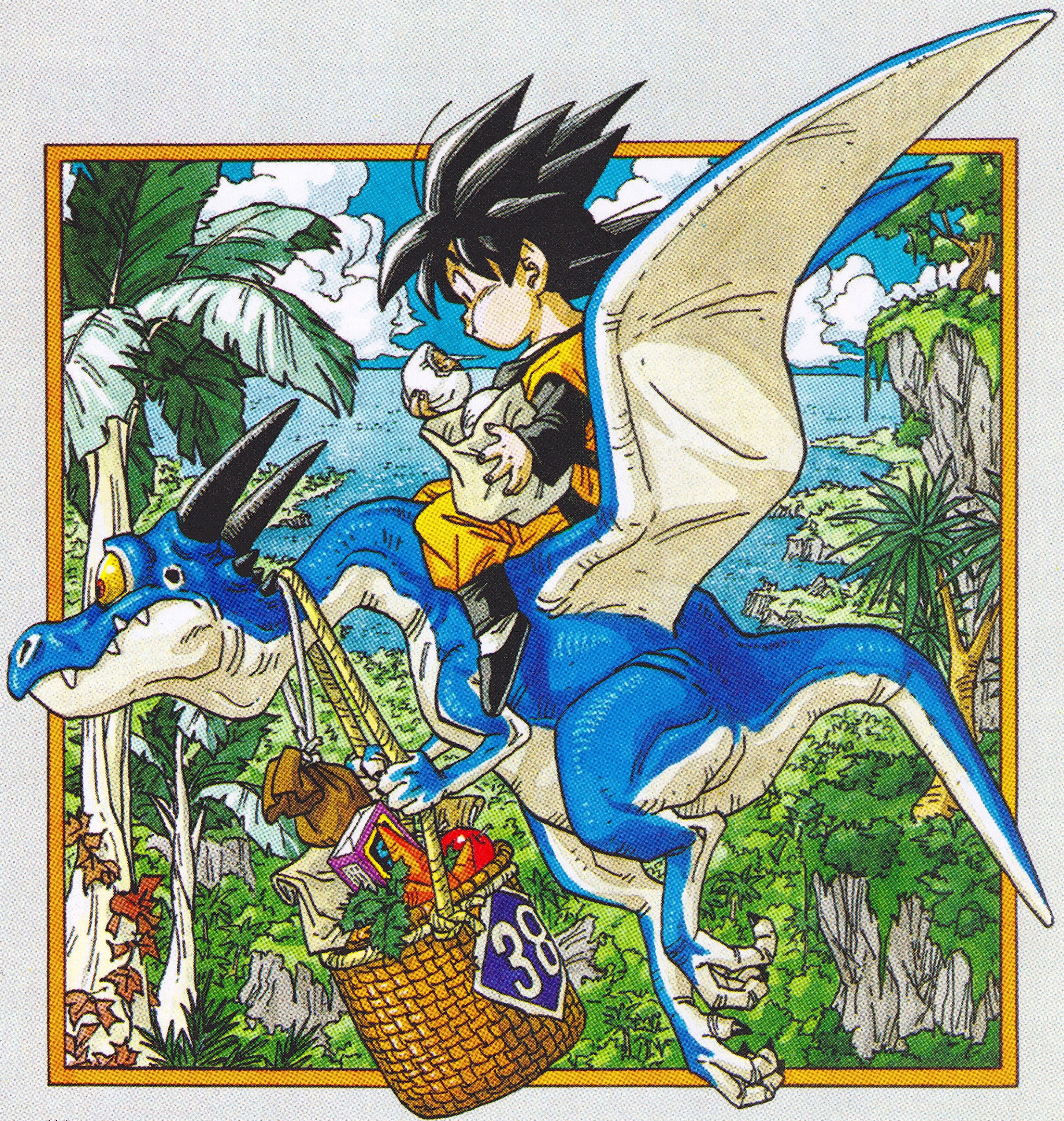 1boy absurdres apple bag basket black_eyes black_footwear black_hair blue_sky border box bush carrot cleaned cloud cloudy_sky collarbone commentary day dinosaur riding_dinosaur dougi dragon dragon_ball dragonball_z dumpling eating expressionless fingernails floating_hair flying food from_side fruit grass grey_border highres hill holding holding_food island leaf long_sleeves looking_down male_focus nature ocean official_art outdoors palm_tree paper_bag profile pterosaur red_eyes riding sharp_teeth shore sitting sky son_goten spiked_hair teeth toriyama_akira tree vegetable water
