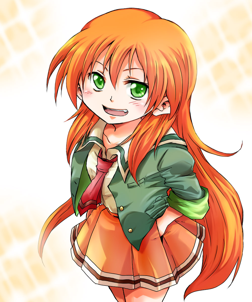 1girl akai_homura collarbone fang female_focus green_eyes highres long_hair necktie open_mouth orange_hair pleated_skirt skirt sleeves_rolled_up solo tokimeki_memorial tokimeki_memorial_2 unya