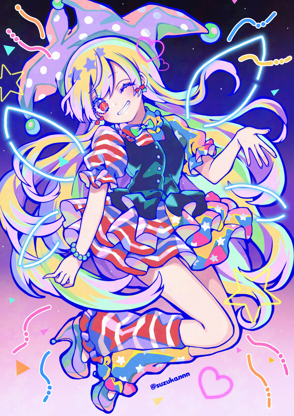 1girl adapted_costume american_flag_dress american_flag_legwear black_vest blonde_hair blue_outline blush bow bowtie bracelet buttons clownpiece collared_dress commentary_request dress earrings fairy frilled_leg_warmers frilled_shirt_collar frilled_sleeves frills full_body gradient_background green_bow green_bowtie grin hat heart high_heels highres jester_cap jewelry kyouda_suzuka leg_warmers long_hair one_eye_closed outline partial_commentary polka_dot polka_dot_headwear puffy_short_sleeves puffy_sleeves purple_hat purple_nails red_eyes short_dress short_sleeves smile solo star_(symbol) star_earrings star_in_eye star_print striped_clothes striped_leg_warmers symbol-shaped_pupils symbol_in_eye touhou twitter_username very_long_hair vest