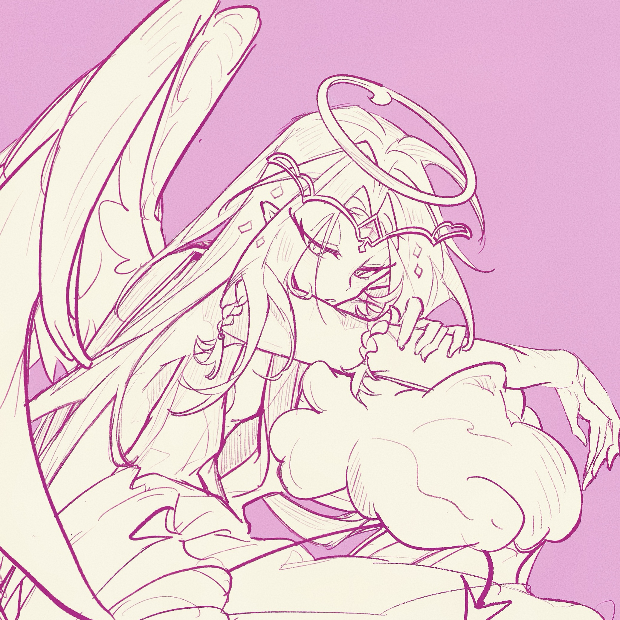 1girl angel angel_wings breasts colored_skin cookie_run cookie_run:_kingdom demon_girl demon_wings dress eternal_sugar_cookie highres long_hair pink_hair pink_skin pink_theme sideboob siguajun201802 small_breasts solo very_long_hair white_dress wings