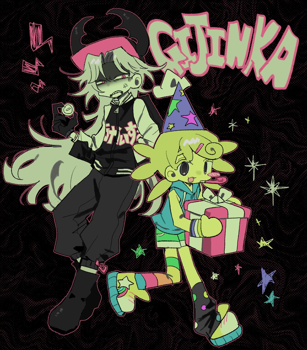 1boy 1other :3 anger_vein black_background black_eyes black_jacket black_pants blonde_hair blue_vest clenched_teeth coin colored_skin full_body green_shorts holding holding_coin humanization jacket long_hair long_sleeves mismatched_socks open_mouth pants partynoob_(regretevator) pest_(regretevator) regretevator roblox sharp_teeth shorts simple_background smile teeth un_0tk very_long_hair vest white_hair yellow_skin
