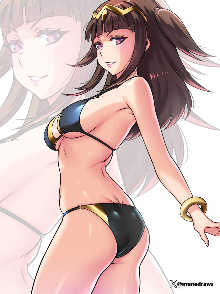 1girl ass bikini bracelet breasts curvy etchimune female_focus fire_emblem fire_emblem_awakening jewelry large_breasts long_hair looking_at_viewer nintendo purple_eyes sideboob solo swimsuit tharja_(fire_emblem) thick_thighs thighs