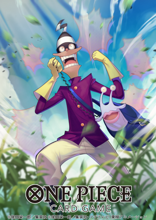 1boy bag commentary_request copyright_name den_den_mushi eye_mask gloves grass hat holding itomimizu_(one_piece) jacket looking_ahead male_focus official_art one_piece one_piece_card_game open_mouth ori_simo pants purple_jacket shoulder_bag sky solo white_pants wind yellow_gloves