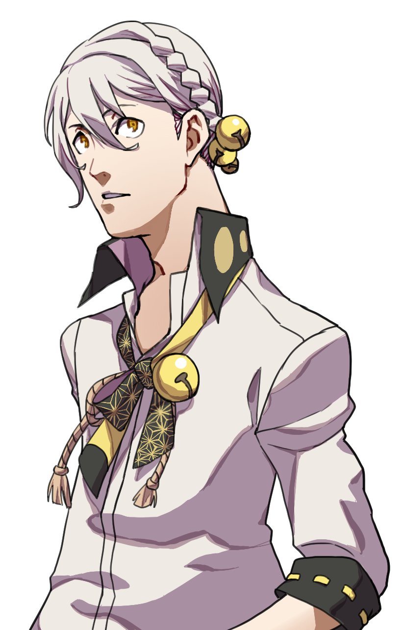 1boy bell black_ribbon braid expressionless hair_bell hair_ornament highres iori_yuzuru jingle_bell looking_at_viewer mashima_jirou neck_bell neck_ribbon parody parted_lips persona popped_collar ribbon rope shirt short_hair side_braid simple_background three-quarter_sleeves soejima_shigenori_(style) solo style_parody two-tone_ribbon upturned_eyes voiceroid white_background white_hair white_shirt yellow_eyes yellow_ribbon