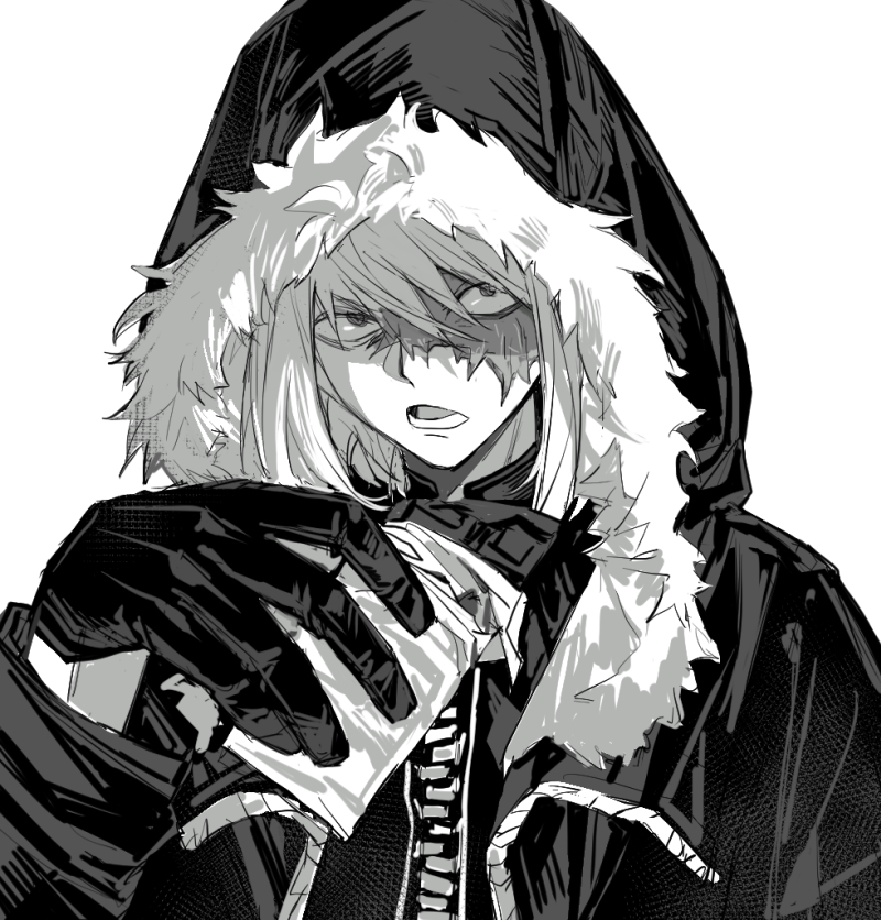 1boy black_gloves black_shirt candy chocolate chocolate_bar death_note food fur-trimmed_jacket fur_trim gloves greyscale hair_between_eyes holding holding_chocolate holding_food hood hood_up hooded_jacket huang_du_du jacket long_sleeves looking_at_viewer male_focus medium_hair mello_(death_note) monochrome open_mouth scar scar_across_eye scar_on_face shirt solo upper_body white_background