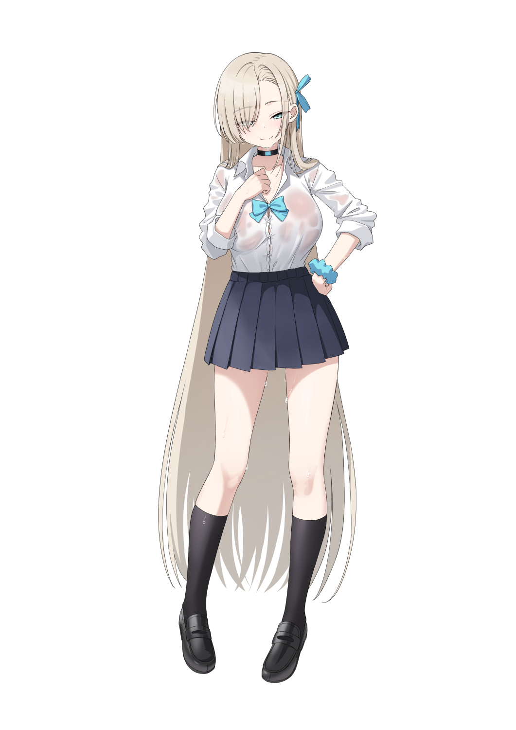 1girl asuna_(blue_archive) asuna_(school_uniform)_(blue_archive) black_shoes black_skirt black_socks blue_archive blue_bow blue_eyes blue_scrunchie bow breasts brown_hair cleavage closed_mouth collared_shirt commentary_request dress_shirt full_body hair_bow hair_over_one_eye hand_on_own_hip heijialan highres large_breasts loafers long_hair long_sleeves looking_at_viewer pigeon-toed pleated_skirt scrunchie see-through_clothes see-through_shirt shirt shoes simple_background skirt smile socks solo standing very_long_hair wet wet_clothes wet_shirt white_background white_shirt
