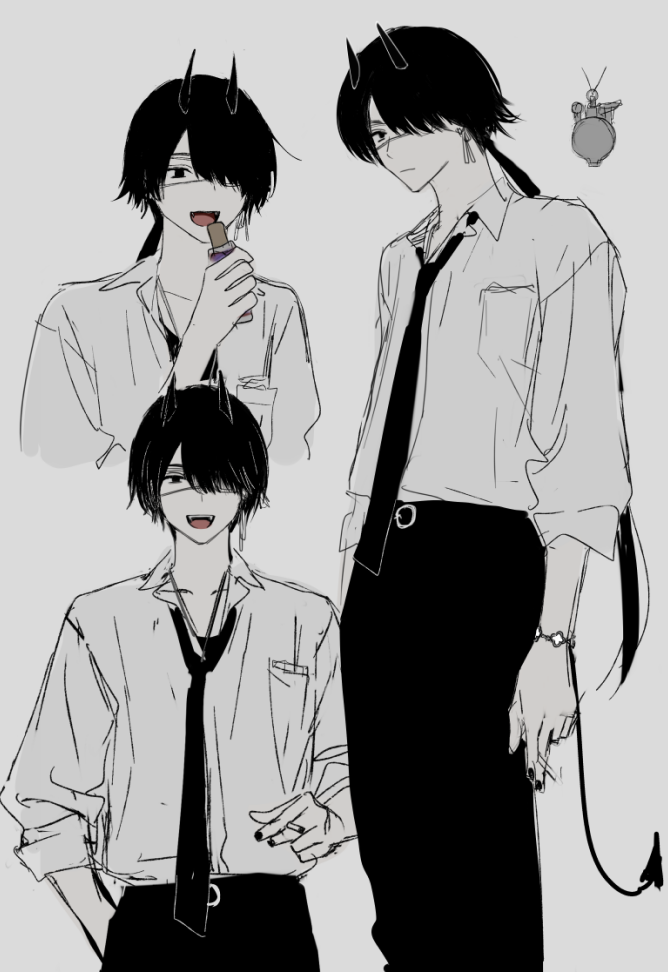 1boy black_nails black_necktie black_pants bracelet cigarette demon_boy demon_tail eating eyepatch fingernails grey_background hair_over_one_eye hirota_tsuu horns jewelry long_hair looking_at_viewer multiple_views nail_polish necktie one_eye_covered original pants ponytail shirt short_sleeves simple_background smile tail very_long_hair white_shirt