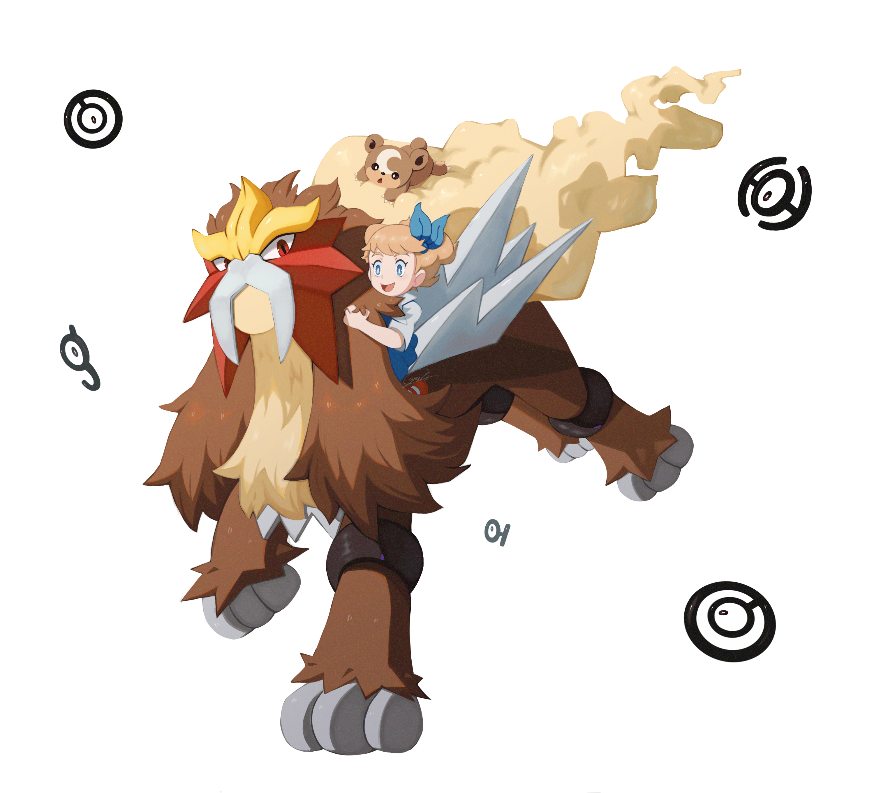 1girl absurdres blue_eyes brown_hair dress entei eyelashes full_body game_freak gen_2_pokemon hair_ornament happy highres jumping legendary_pokemon looking_at_another looking_at_viewer molly_hale nintendo pokemon pokemon_(anime) pokemon_(classic_anime) pokemon_(creature) pokemon_3:_the_movie_-_spell_of_the_unown:_entei red_eyes riding riding_pokemon teddiursa unown unown_g unown_h unown_o unown_t white_background zi_(iwankou)