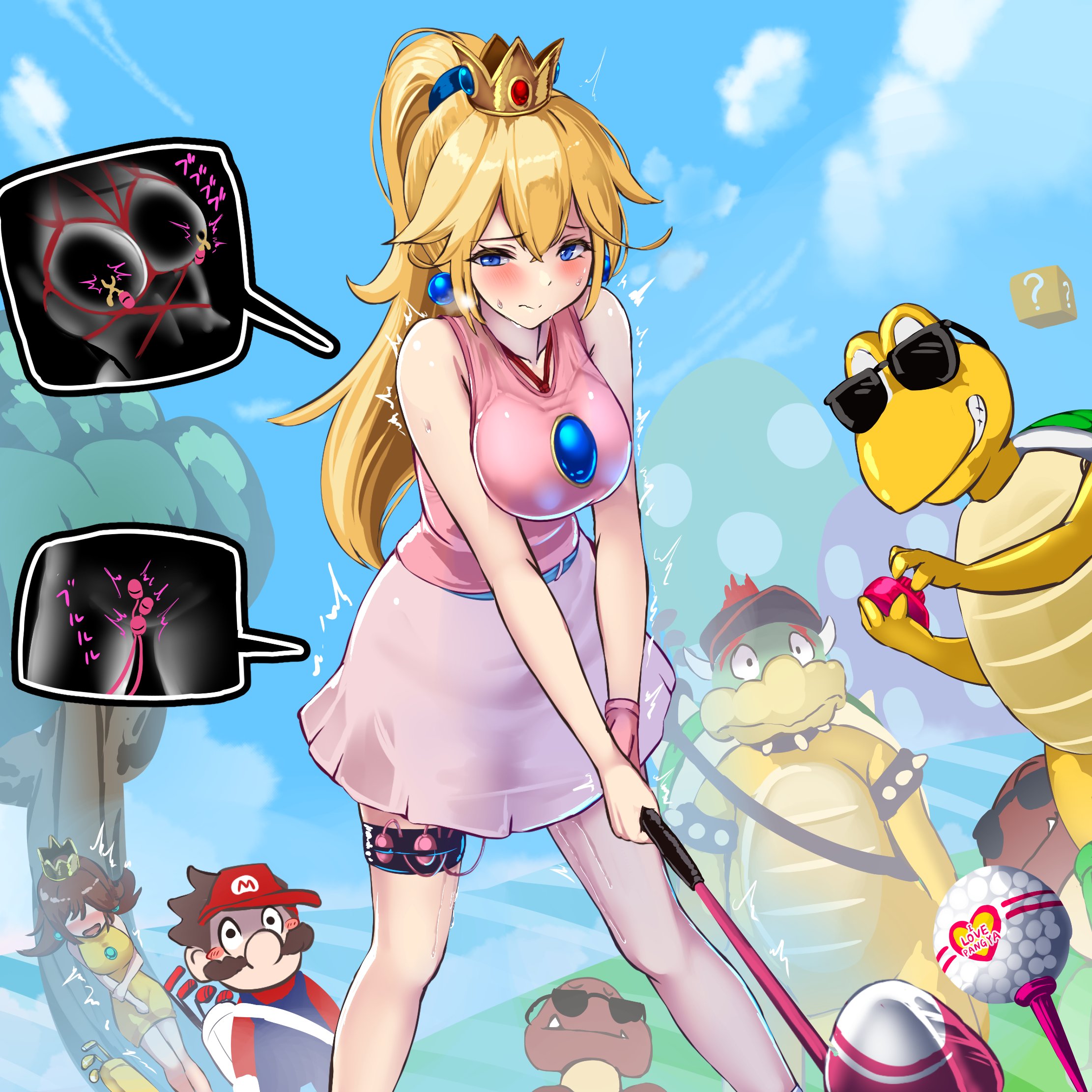 2girls 6+boys ?_block ball bare_shoulders blonde_hair blue_eyes blush bowser breasts chest_jewel cowboy_shot egg_vibrator golf golf_ball golf_club goomba high_ponytail highres holding holding_golf_club koopa_troopa large_breasts luigi mario mario_(series) mario_golf monikano multiple_boys multiple_girls nintendo nipple_stimulation object_insertion outdoors pink_shirt pink_skirt ponytail princess_daisy princess_peach sex_toy shirt skirt solo_focus sunglasses vaginal vaginal_object_insertion vibrator