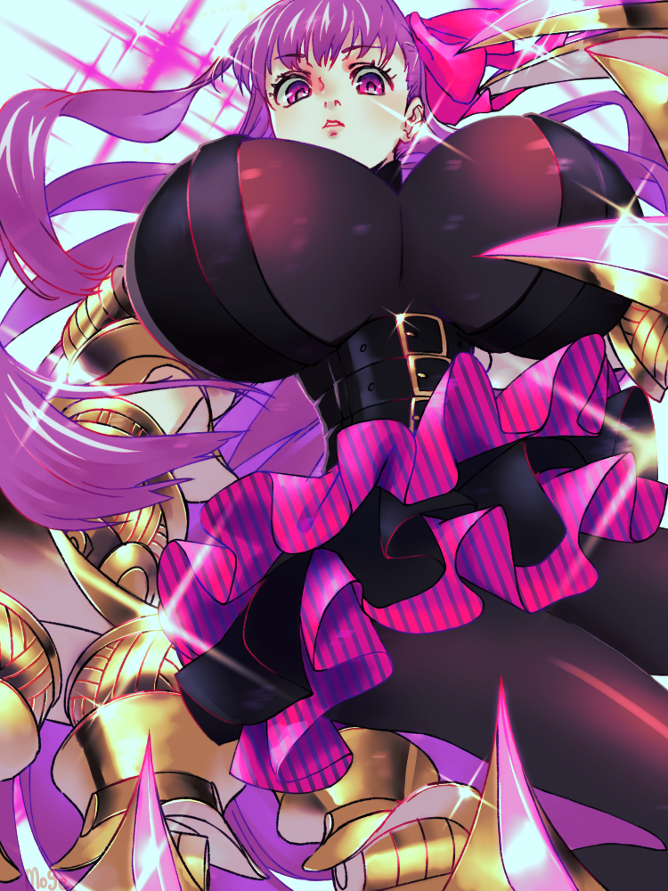 10s 1girl breasts fate/extra fate/extra_ccc fate_(series) female_focus from_below gigantic_breasts gleam hair_ribbon long_hair looking_at_viewer momomogeta parted_lips passionlip_(fate) pink_eyes purple_hair purple_ribbon revealing_clothes ribbon skirt solo very_long_hair