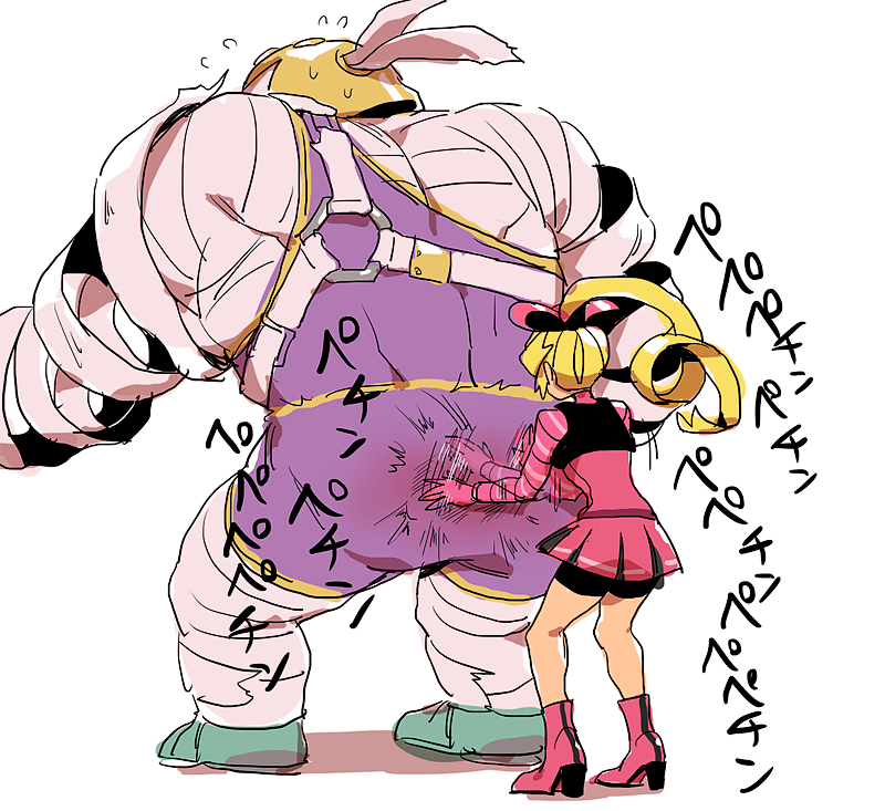 1boy 1girl arms_(game) ass bandages bike_shorts blonde_hair boots bow flying_sweatdrops from_behind full_body hair_bow high_heels master_mummy_(arms) nekobayashi_(nekoforest) nintendo pleated_skirt ribbon_girl_(arms) simple_background size_difference skirt spanking white_background wrestling_outfit