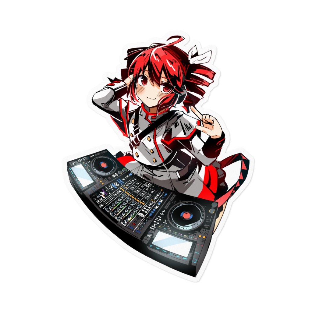 1girl ahoge belt black_belt black_skirt black_sleeve_cuffs blush bow buttons closed_mouth dj double-breasted drill_hair grey_skirt hair_bow hair_ribbon jacket kasane_teto kasane_teto_(sv) layered_skirt layered_sleeves long_sleeves looking_at_viewer mp777b phonograph red_belt red_eyes red_hair red_skirt red_trim ribbon shoulder_belt simple_background skirt skirt_set sleeve_cuffs smile solo synthesizer_v turntable twin_drills utau vinyl_record white_background white_bow white_ribbon