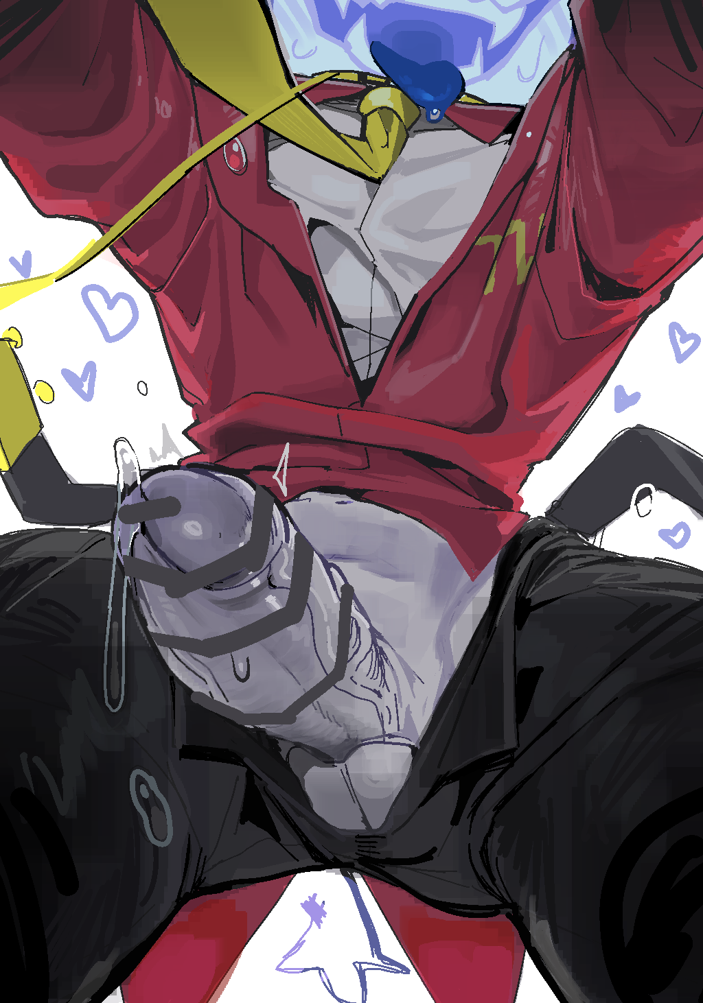 1boy ant_tenna asd1565326 bar_censor black_pants blue_tongue censored colored_tongue deltarune erection fangs heart highres leash male_focus necktie object_head open_fly open_mouth pants penis pointless_censoring precum shirt simple_background solo sweat tailcoat testicles tongue tongue_out veins veiny_penis viewer_holding_leash white_background white_shirt yellow_collar yellow_necktie