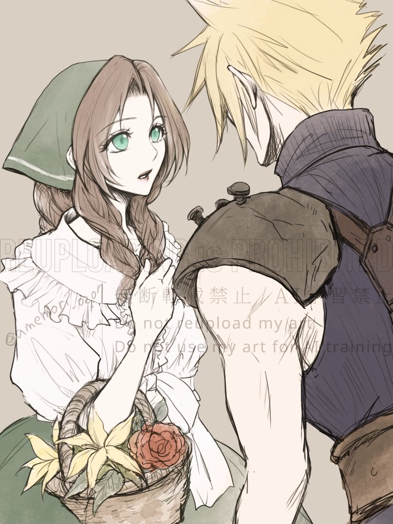 1boy 1girl aerith_gainsborough amemori_0207 armor basket belt blonde_hair blue_shirt braid braided_ponytail brown_belt brown_hair cloud_strife final_fantasy final_fantasy_tactics final_fantasy_vii flower flower_basket frilled_shirt frills green_eyes green_skirt grey_background headscarf holding holding_basket lily_(flower) long_hair looking_at_another official_alternate_costume parted_bangs parted_lips pauldrons red_flower red_rose rose shirt short_hair shoulder_armor sidelocks single_braid single_pauldron skirt sleeveless sleeveless_turtleneck spiked_hair suspenders turtleneck white_shirt yellow_flower