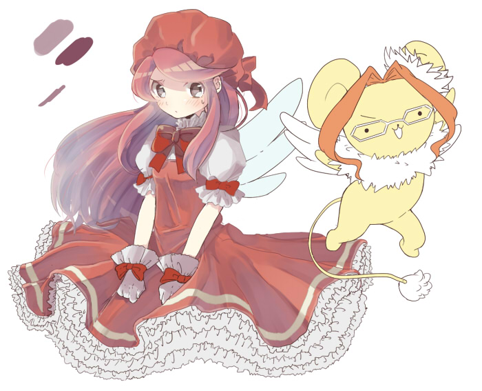 2girls ban_airi cardcaptor_sakura cosplay devil_survivor_(series) devil_survivor_2 dress glasses hat kero_(cardcaptor_sakura) kero_(cosplay) kinomoto_sakura kinomoto_sakura_(cosplay) kinomoto_sakura_(magician) kujou_hinako long_hair magical_girl multiple_girls nakana orange_hair red_hair red_hat smile wings